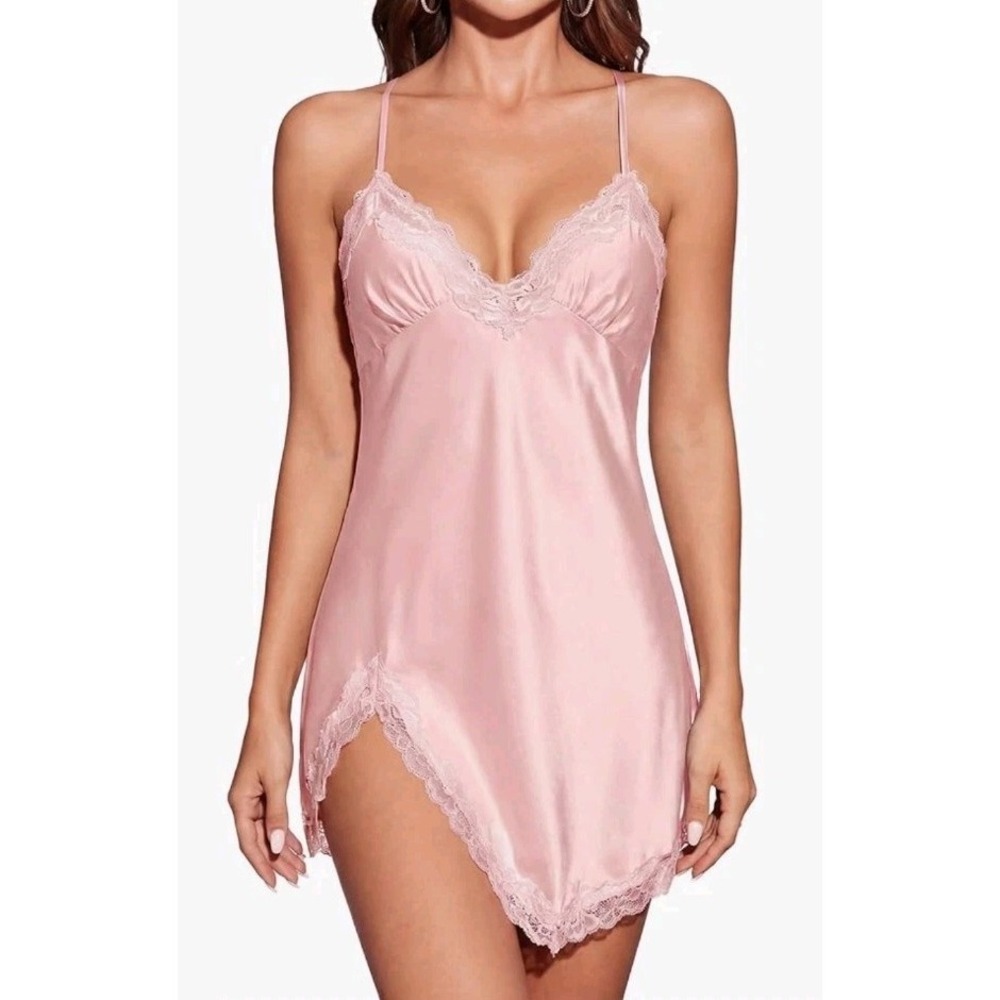 Women Satin Lace Trim Nightgown Slip Lingerie VNeck Pink Small